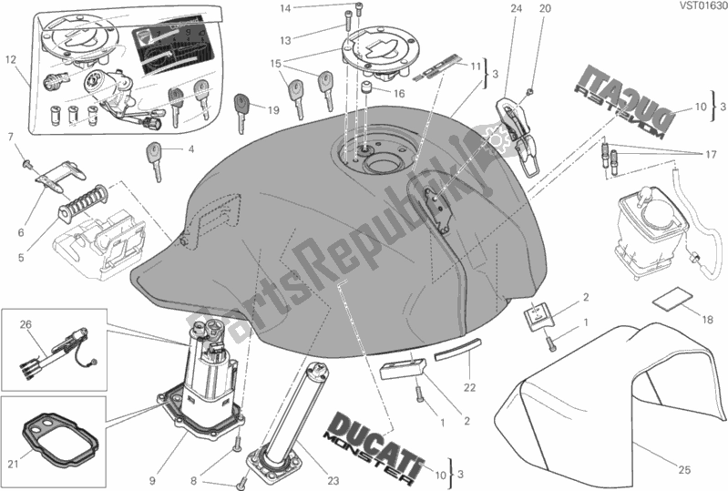 All parts for the Fuel Tank of the Ducati Monster 1200 USA 2020